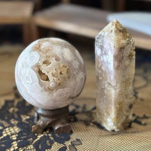 Pink Amethyst Druzy Flower Agate Polished Crystal Sphere & Tower Set