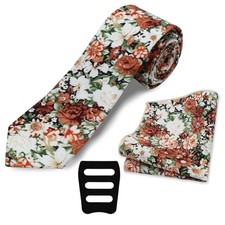 Floral Mens Tie Set Cotton Printed Necktie and Pocket Wildflower Painting