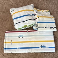 Kids full Cotton Sheet Set White/Multicolor Striped Vehicles Transportation