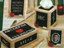 ABC DESK SET TEACHER TISSUE BOX COVER FRAME PLASTIC CANVAS PATTERN INSTRUCTIONS 