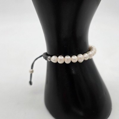 Freshwater Pearl & Sterling Beads Adjustable Macrame Bracelet With Gray Cord