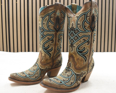 Corral Ladies Cognac Turquoise Embroidery Overlay Leather Boots C4053 Sz 7.5 M