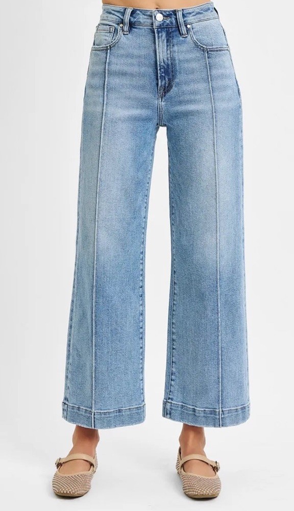 Risen Hazel Blue High Rise Wide Leg Crop Jeans Light Wash Front Seam Size 9/29