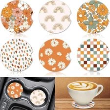 AnyDesign 6-Piece Boho Car Cup Holder Coasters - Retro Groovy Multicolor 