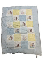 Vtg Carter  s CRIB QUILT blanket teddy bear bunny puppy 33"x42" blue yellow puffy