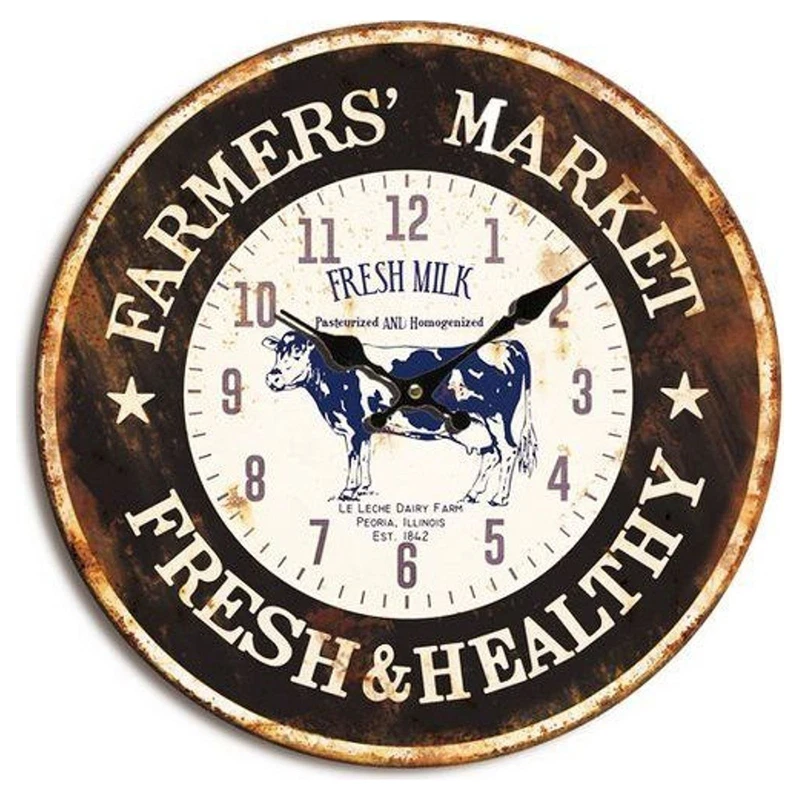 Orologio da Parete Farmers Market Fresh Milk Vintage 42x42,5x6 cm da Muro Cucina, fotografia 9 di 9