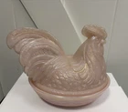 Vtg Fenton Rooster On Nest Irridescent Carnival Pink Glass Trinket, Candy Dish