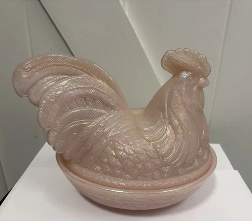 Vtg Fenton Rooster On Nest Irridescent Carnival Pink Glass Trinket, Candy Dish