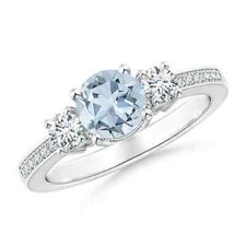 Sterling Silver Aquamarine Stone Mother New Three-Stone Promise Trendy Ring US 7