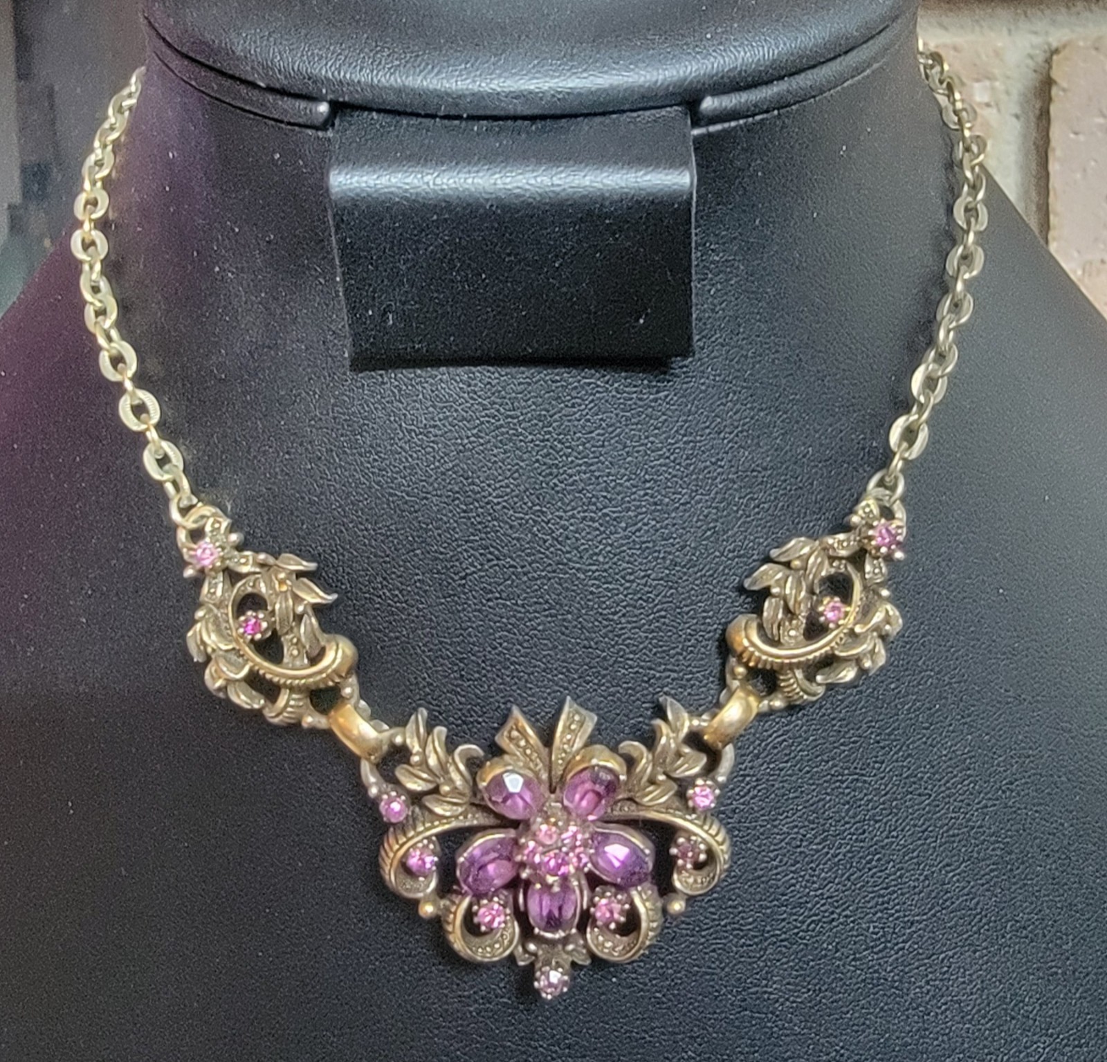 Antique Goldtone Amethyst Crystal Flower Choker Necklace Signed By Coro, 1950s