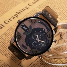 Large Dial Fashion Casual Leather Mens Watch Quartz Casual Wristwatch