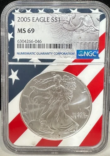 2005 $1 AMERICAN SILVER EAGLE NGC MS69 USA FLAG CORE HOLDER