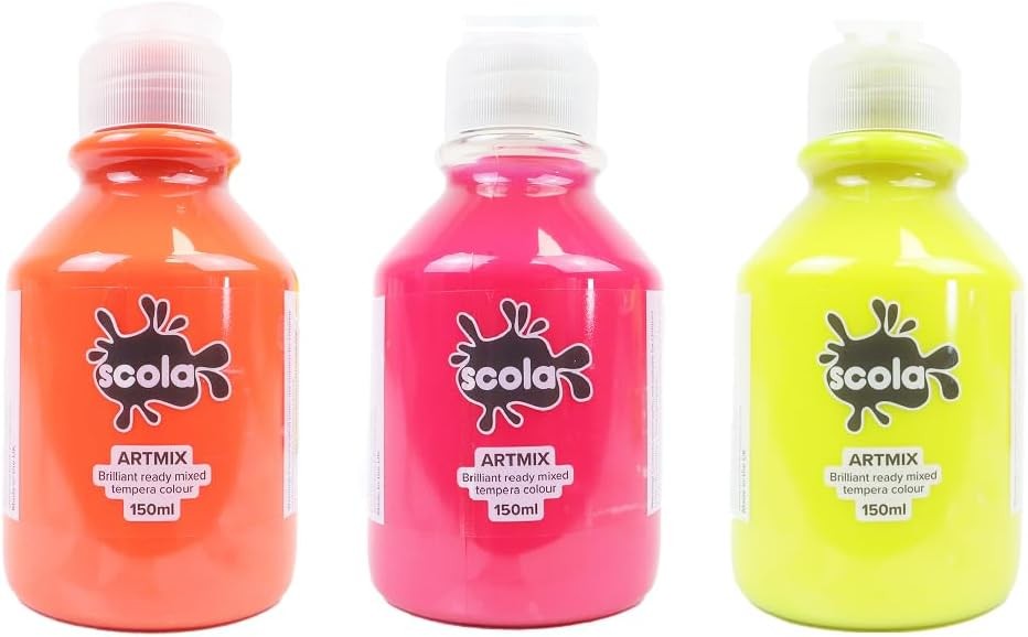Scola Readymix Water Based Tempera Paint, 3 Assorted Neon Colours, 150ml Bottle