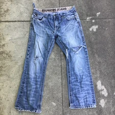 Express Rocco Jeans 34 x 27 Slim Fit Boot Cut Distress *Needs Repair* Tears*