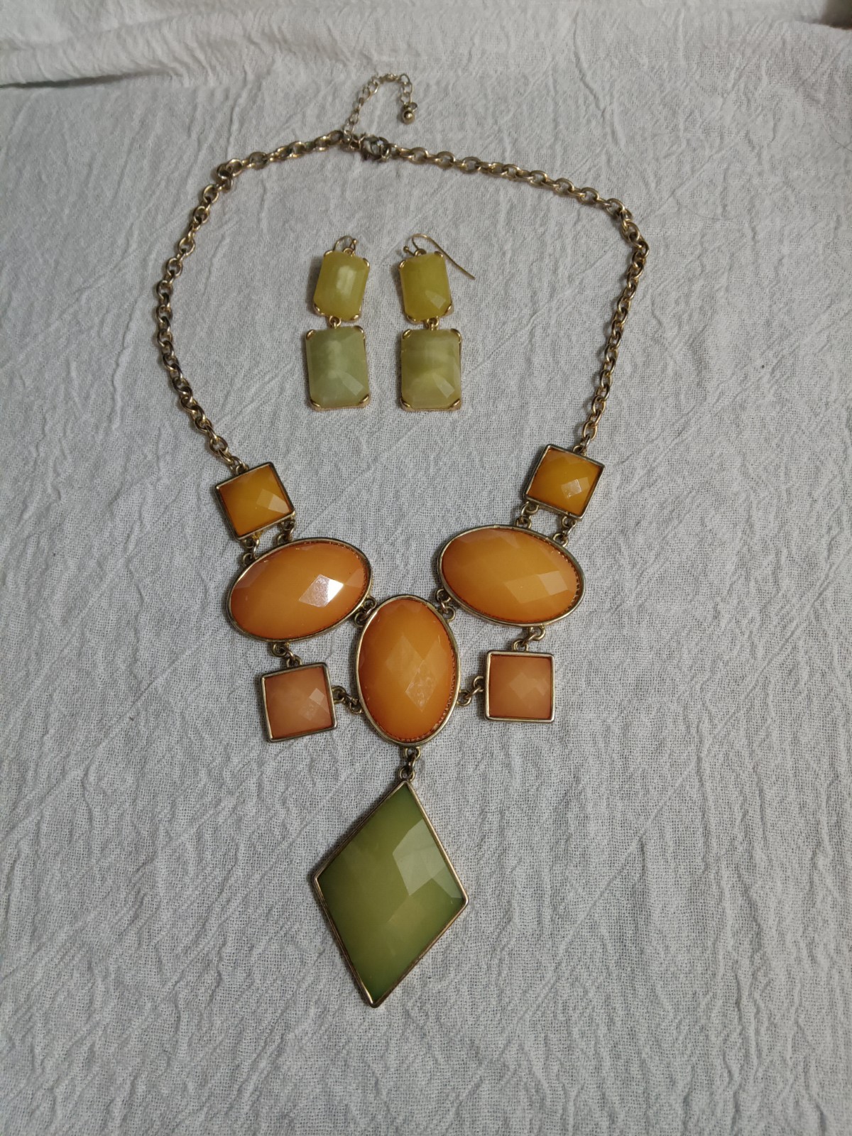 Large Statement Bib Necklace Earring Set Orange G… - image 1