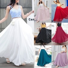 Women Maxi Swing High Waist Skirt A-line Dance Pleated Chiffon Long Dress