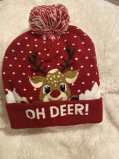 Christmas Hat Beanie,Knitted Cap Kids/Adults With LDA Light Up, Red Reindeer