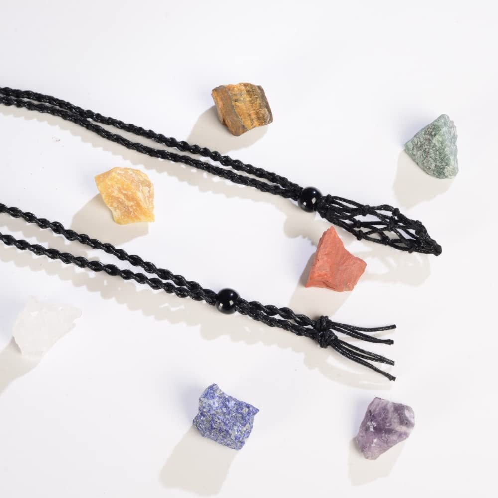 7 Chakra Raw Stones Set With 2 Necklace Cords | Adjustable Hand-Woven Holder For Healing Crystals - View #7