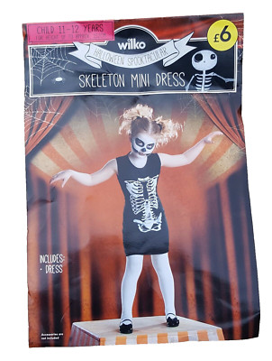 Wilko Mädchen Schwarz Weiß Halloween Skelett Minikleid 11-12 Jahre bis Zu 152 CM