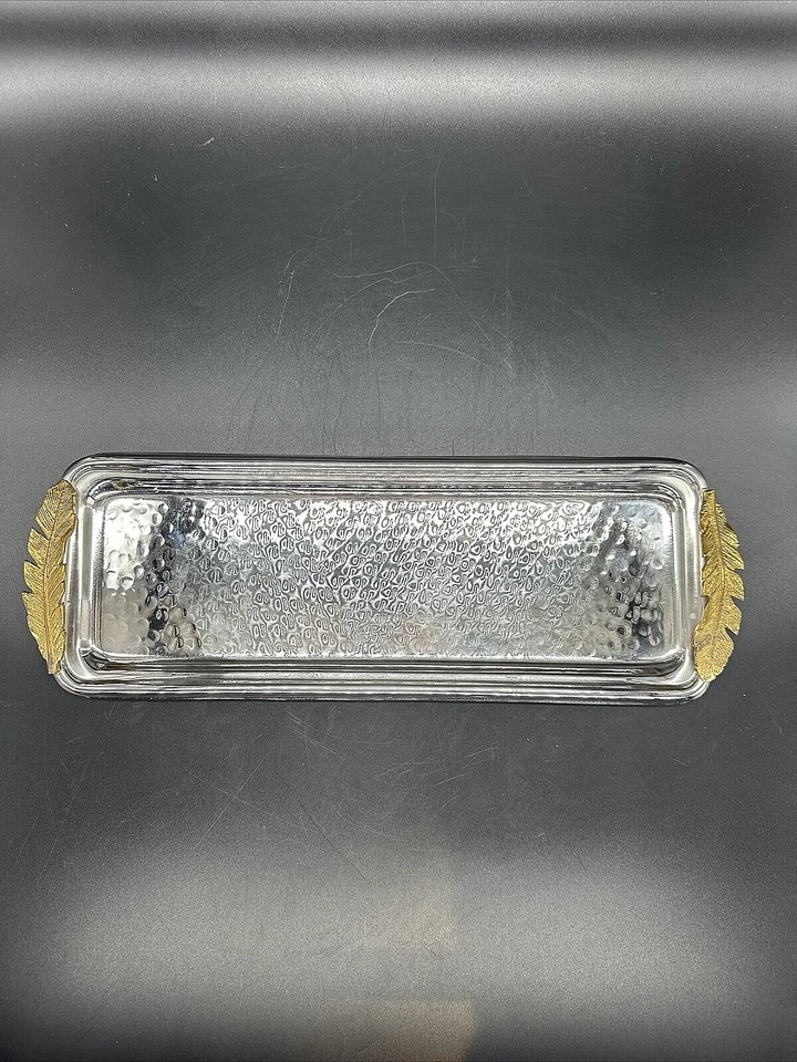 India Hammered Stainless Steel Brass Tray Badash Feathers Rectangle Serving 14" - Image 3 of 4
