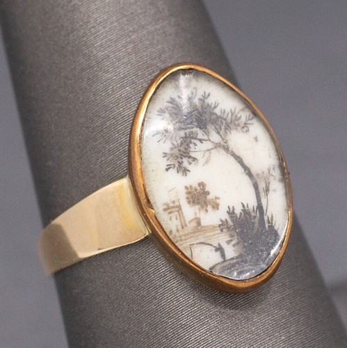 Antique Ring with Georgian Sepia Landscape Bezel Set in 9k and 14k Gold - Picture 3 of 11