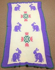 Vintage Crocheted Bunny and Tulip Rectangular Blanket Throw - 68" x 35"