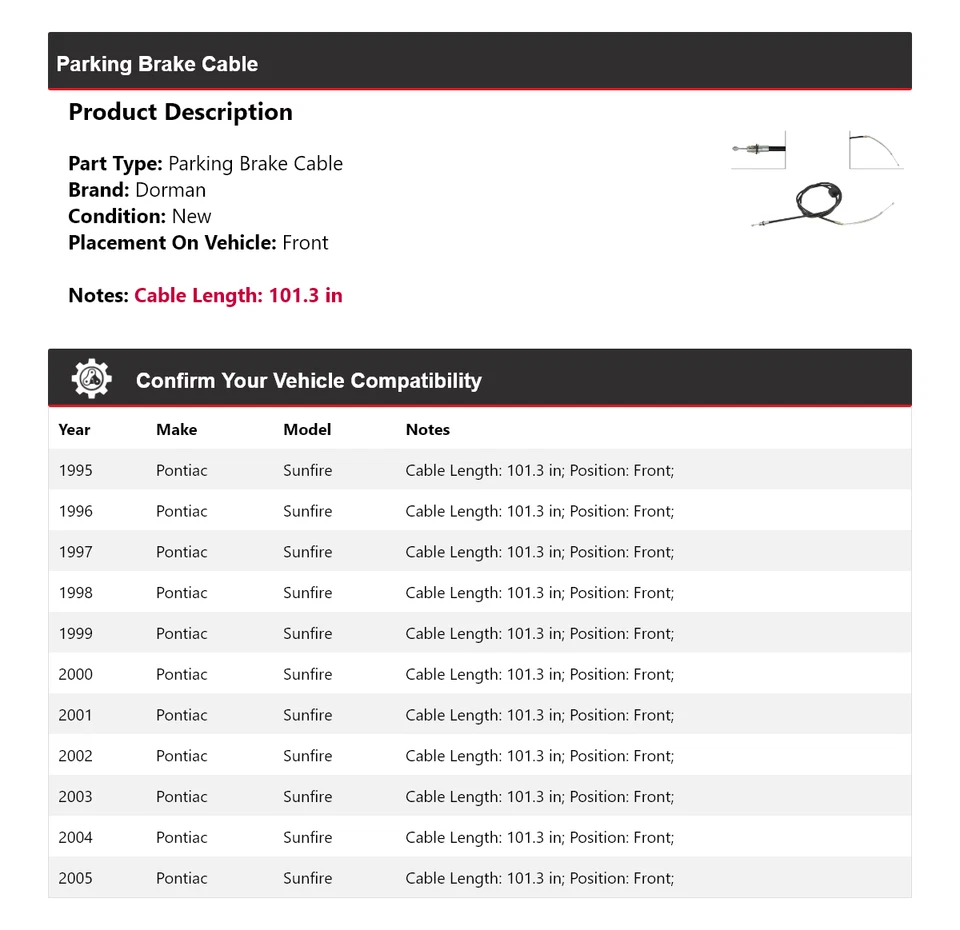 For 1995-2005 Pontiac Sunfire Dorman Parking Brake Cable Front 1996 1997 1998 - Image 2 of 4