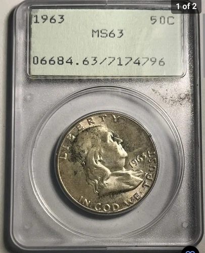 1963-P FRANKLIN SILVER HALF DOLLAR GRADED PCGS MS63 RATTLER SLAB RARE gen. 1.2