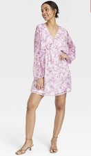 NWT Women's Balloon Sleeve Mini Dress - A New Day Cream/Purple Floral Small