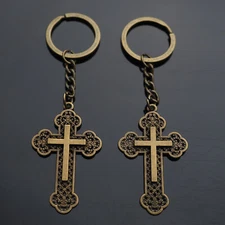 2x PCS Cross Design Christian Keychain Pendant Gift Key Chain Ring - Bronze