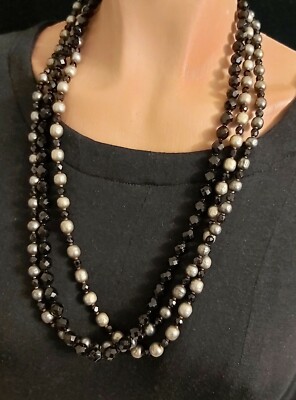 MIRIAM HASKELL VINTAGE 3 STRAND FAUX GREY PEARL & BLACK GLASS BEAD NECKLACE 28''