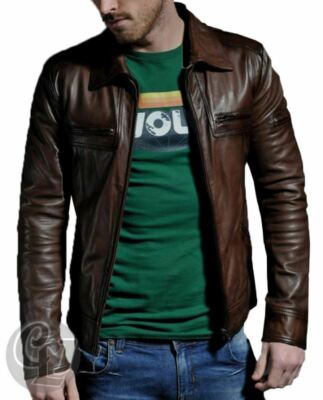 Veste En Cuir Véritable Homme Noir Et Marron - Coupe Slim Fit Vintage - Style Motard Rétro - Neuf