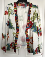Chico's Women s 100 Linen White Open Front Floral Print Jacket Size M