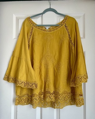 EST. 1946 Mustard Lace Trim Tunic Blouse Plus 22W 3/4 Bell Sleeve
