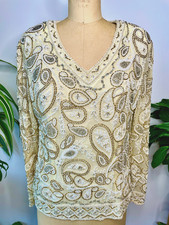 VTG 90'S CREAM GOLD PAISLEY SEQUIN BEADED EMBELLISHED EVENING PARTY BLOUSE S