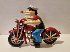 POPEYE on a Motorcycle Cast Iron Wheels Arms Move 2 Pc Toy 8" Long 6" Tall