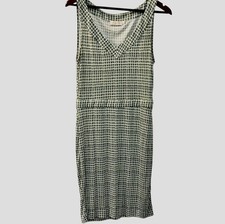 Tory Burch Paris Silk Dress Sz M Green White Checkered Midi Classic Designer