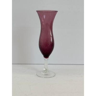 Vintage Glass Amethyst Purple Optic Swirl Hand Blown Bud Vase w/ Clear Stem