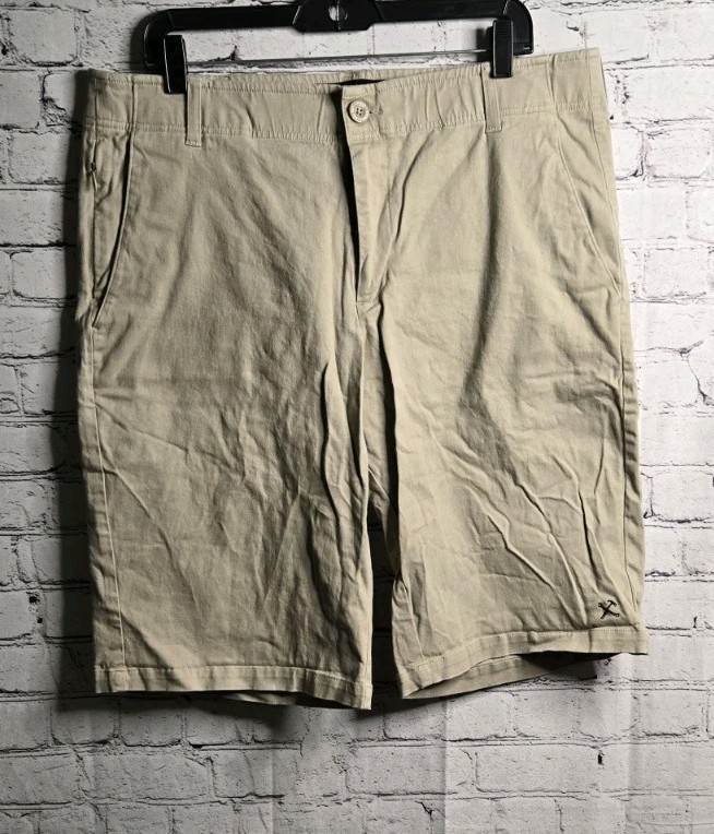 Dixxon Mens 36 Khaki Shorts Flexx Waistband Front Slash Beige Button Pockets
