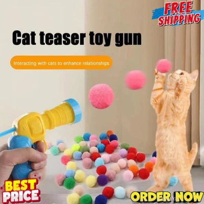 CA&T Cat Ball Gun Interactive Toy with 30pcs Colourful Stretch Plush Pom Pom Ball