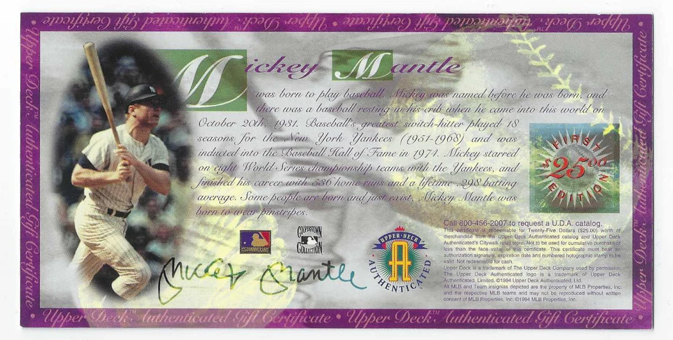 Certificado de regalo de $25 Upper Deck 1994 edición limitada con sobre original-Mickey Mantle Foto 3 de 4
