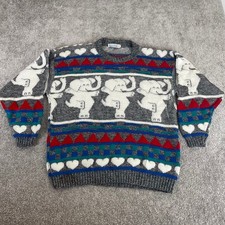 Vintage Sweater Mens Medium Knit Elephant Hearts Made in USA (Sz Tag 44)