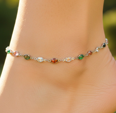 Elegant Silver Tone Oval Anklet Multicolor CZ Minimalist Chain Foot Jewelry