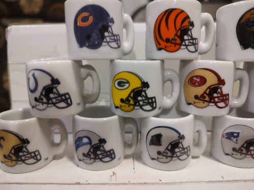 NFL Teams Mini Miniature Ceramic Coffee Mugs Team Logo Cups Lot of 22 - Vintage