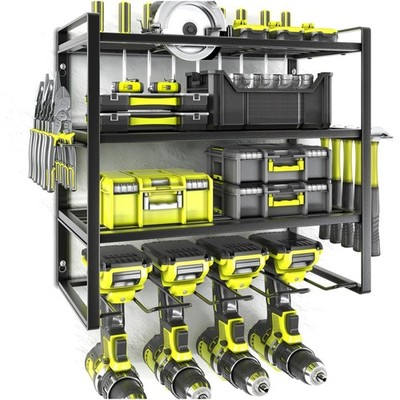 Compact 4-Layer Black Tool Shelves for Garage and Workshop Organization
