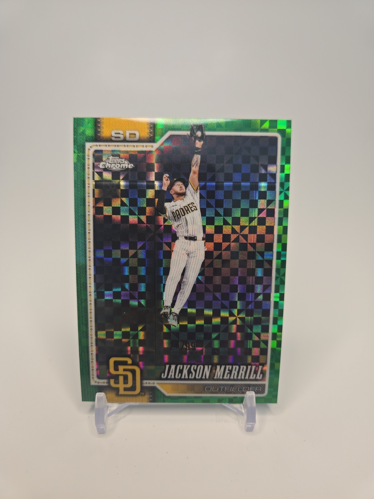 Jackson Merrill 2026 Topps Chrome #137 Green X-Fractor 24/99 Padres