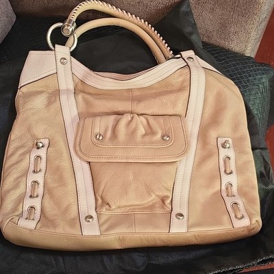 B. Makowsky Beige Cream Leather Shoulder Bag Whipstitch Ring Accents