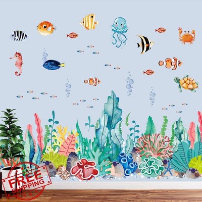 2 Sheets Ocean Wall Decals Large Under The Sea Wall Decals Ocean Creature Sea...