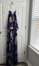 MSK Elegant Royal Blue And Gold Halter Maxi Dress Size 8
