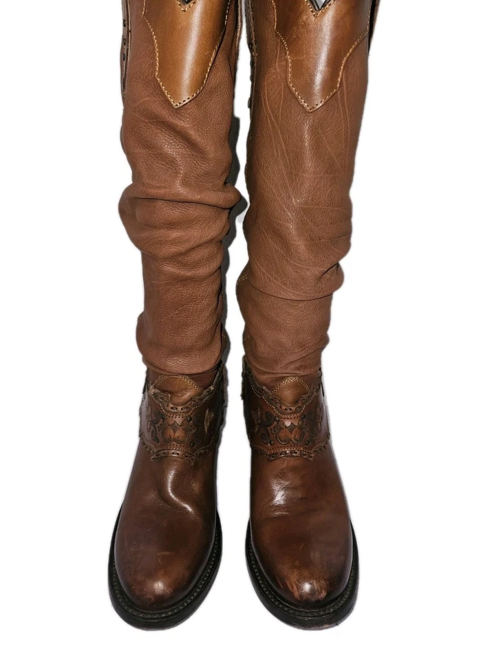 Botas hasta la rodilla de cuero de vaca Cuadra marrón vaquera occidental para mujer talla 8,5 Foto 3 de 4